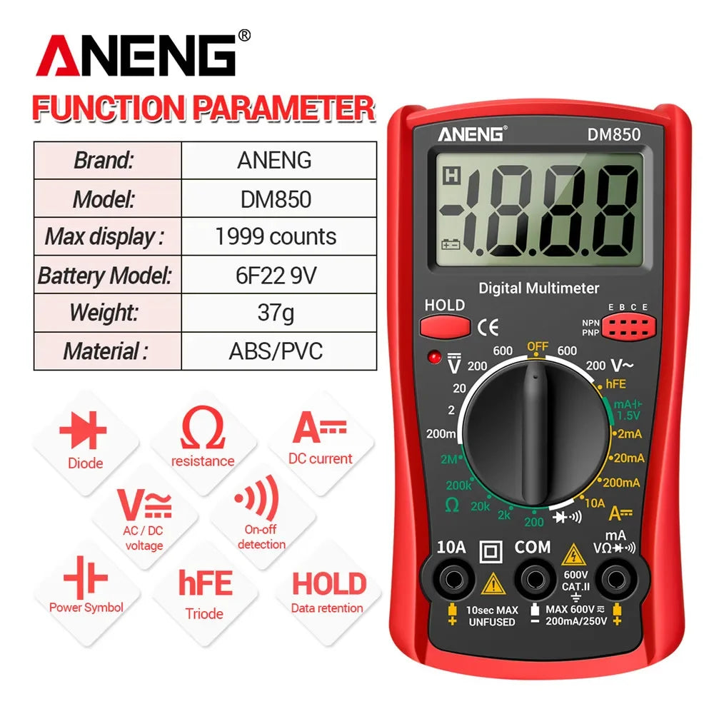ANENG DM850 Digital Tester Ohm Automatic Counts Auto Current Ammeter Detector Tool Multimeter AC/DC Professional 1999 Votage